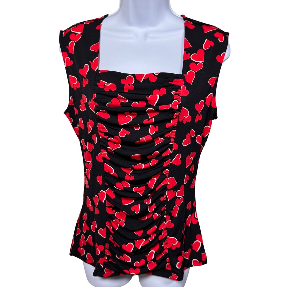 Red Heart Square Sleeveless Ruched‎ Top M Valentines Day Teacher Feminine Y2K